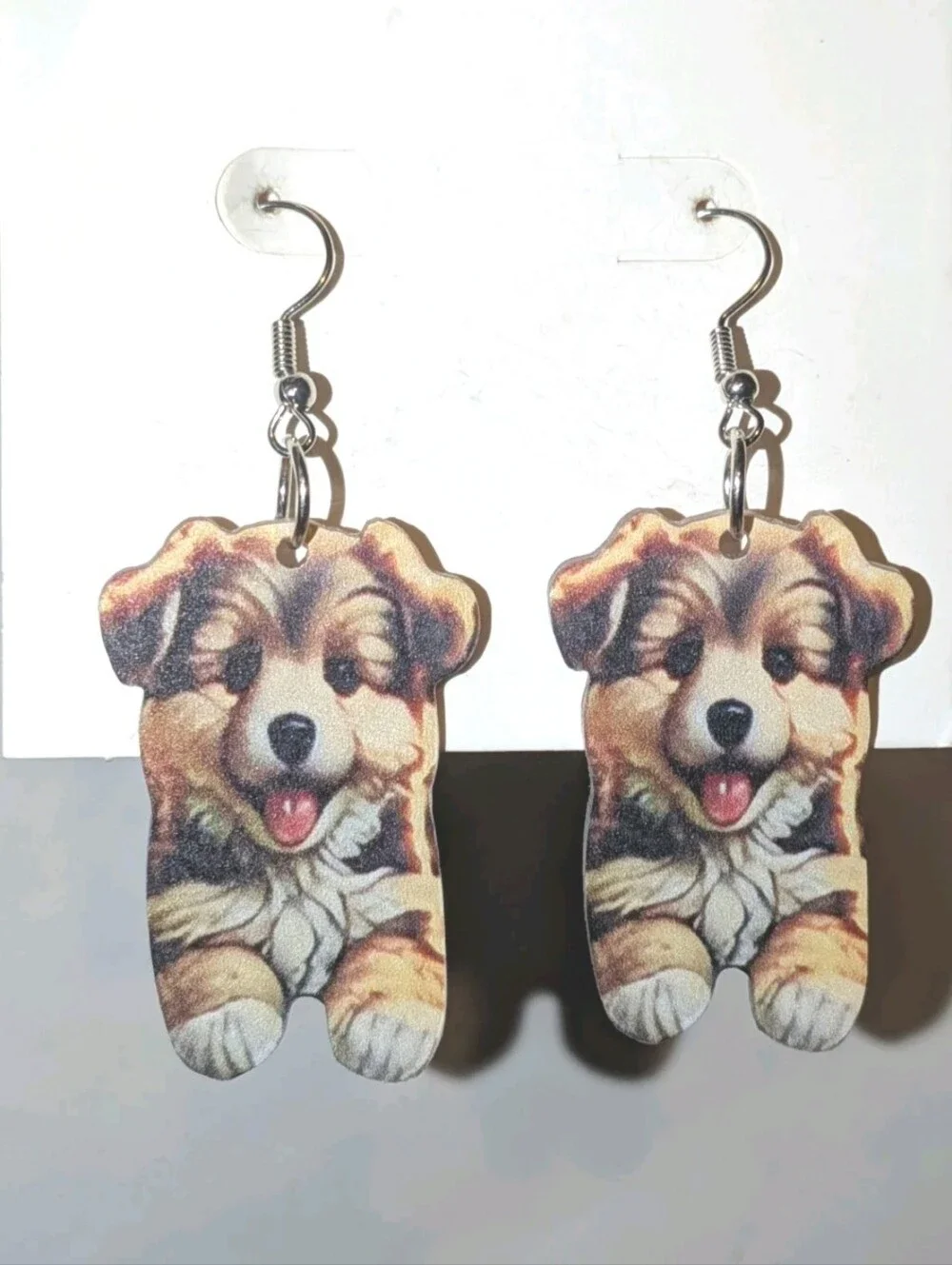 Hand Crafted Brown and Cream Puppy Dangle Earrings